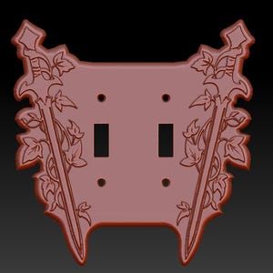 May include: A decorative light switch cover in a reddish-brown hue. The cover features a symmetrical design with two sword-like elements and ivy leaf accents. It has two switch openings and two screw holes.