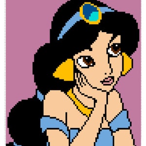 May include: A cartoon illustration of a woman with long black hair, wearing a blue headband, gold earrings, and a blue and white dress. She is looking to the side and has a thoughtful expression on her face.