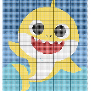 以下が含まれることがあります： 青い水の中で泳いでいる、赤い口と大きな黒い目をした黄色の赤ちゃんザメ。ザメはグリッドの背景の上にいます。