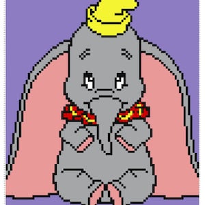 May include: A gray elephant with a yellow hat and red and yellow trim around its neck. The elephant is sitting on a pink background.
