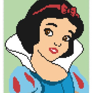 Op de afbeelding: Een cartoonillustratie van Sneeuwwitje, een Disney-prinses, met een rode strik in haar zwarte haar. Ze draagt een blauwe jurk met een witte kraag en rode accenten op de mouwen. De achtergrond is lichtgroen.