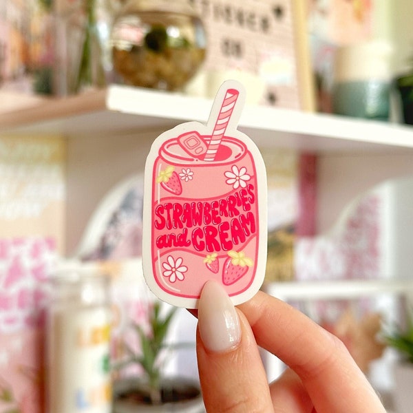 Strawberries and Cream Soda Sticker, Cute Soda Can Sticker, Vinyl Sticker, Cute Sticker, Kawaii Drink Sticker, Strawberry Sticker