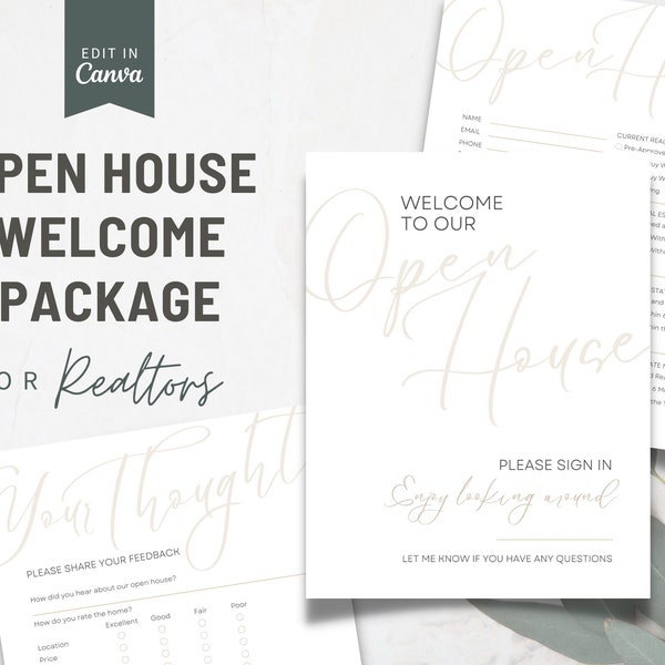 Open House Welcome Sign, Sign In Sheet, Feedback Form - Real Estate Marketing Templates, Realtor Editable Forms, PDFs, Canva Template