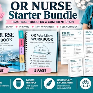May include: OR Nurse Starter Bundle featuring an OR Nurse Playbook with 25 pages, an OR Workflow Workbook with 8 pages, and various pre-op and PACU report sheets in full and pocket sizes. The materials include checklists, notes, and study guides for surgical staff, designed for printing at home.