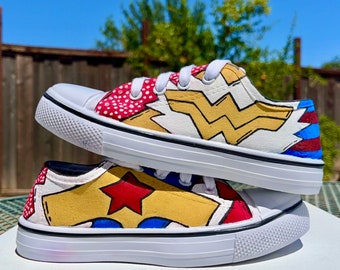 Wonder Woman Themed Hand Painted Kids Shoes | Comic Pop Art Style