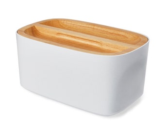 Union | Modern Bamboo Fiber Bread Box for Countertop with Reversible Wood Serving Lid (14.25 x 9.25 x 7in) | Storage Bin and Bread Container