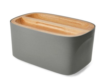 Union | Modern Bamboo Fiber Bread Box for Countertop with Reversible Wood Serving Lid (14.25 x 9.25 x 7in) | Storage Bin and Bread Container