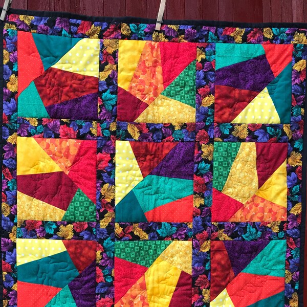 Quilt Wall-hanging, Autumn Leaves, Fall colors, Crazy Quilt, geometric, jewel colors, purple, aqua, orange, yellow
