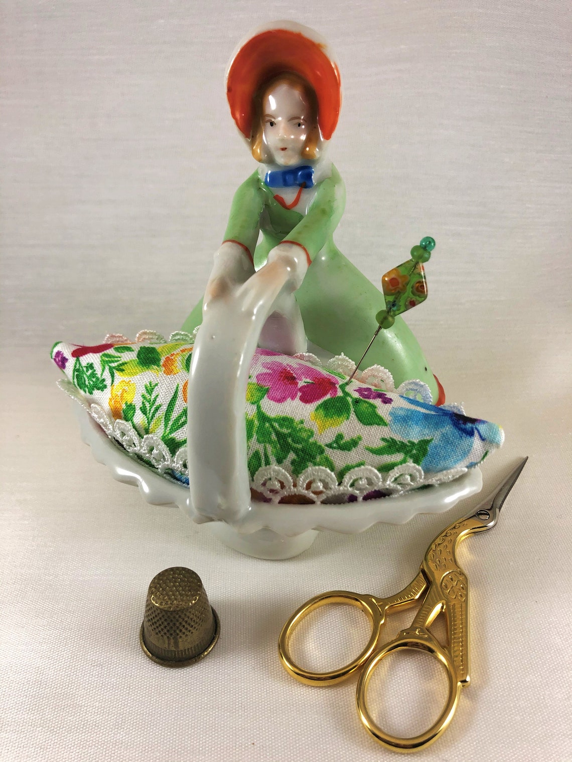 Vintage Porcelain Victorian lady pincushion in a basket Etsy