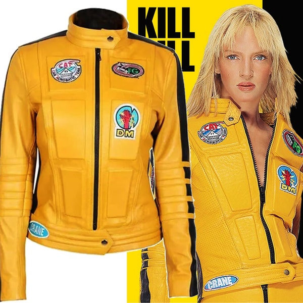 Inspiriert von Kill Bill Band 1 Beatrix Kiddo Leder, formelle Oberbekleidung Bikerjacke, Thurman The Bride Cosplay gelbe handgefertigte Jacke,