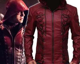 Inspired By Arrow Roy Harper Stylish Colton Haynes Classic Fashion Real Handcrafted Leather Hood Jacket, Movie Colsplay Jacket
