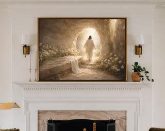 May include: A living room scene featuring a large framed painting above a white fireplace. The painting depicts a figure in white entering a bright light. A dark wood coffee table holds decorative items.