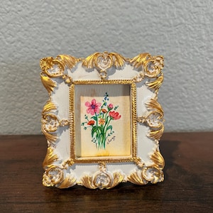 Framed original mini watercolor painting of a colorful flower bouquet, a vintage frame handpainted miniature of a flower arrangement
