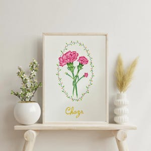 Custom original watercolor painting of January birth month flower, a handpainted vintage style Snowdrop or carnation with your favorite name