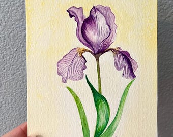Oryginalny obraz akwarelowy przedstawiający kwiat z lutego, ręcznie malowany, szczegółowy, fioletowy irys