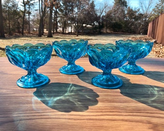 4 Vintage Anchor Hocking Fairfield Turquoise Blue Compote Bowl | Mid-Century Pedestal Dessert Bowl 1972-1973 | Stemware Barware