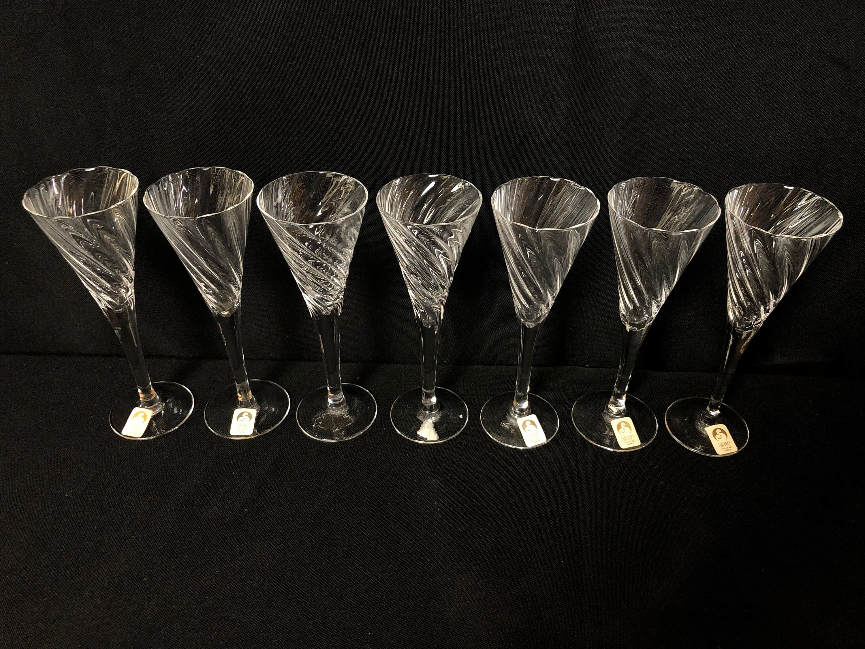 7 Sasaki Reflections Clear Swirled Crystal Stem Cordial Glasses Made in Japan Elegant Stemware