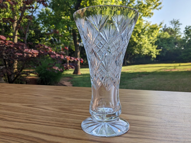 Vintage Slovakian Crystal Flower Vase Brilliant Cut Glass Etsy