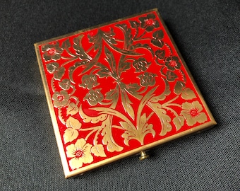 Vintage Red With Gold Floral  Fifth Avenue Makeup Compact | Gold And Red Compact | Fifth Avenue