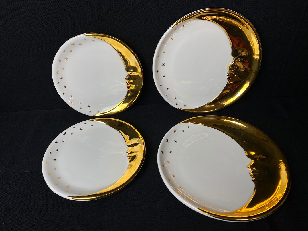 Rare Vintage 4 Piece Celestial Moon Face and Stars Dinnerware Set