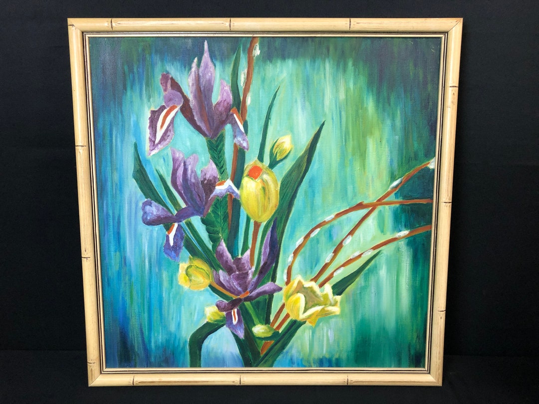 Vintage Japanese Oil Painting on Canvas, Still Life Purple Iris ...