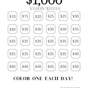 Printable 30 Day Saving Challenge To Save One Thousand Dollars