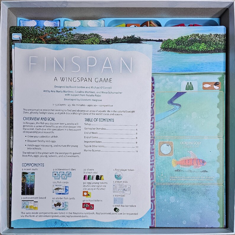May include: A Finspan board game box with a blue and green color scheme. The box features a table of contents, a list of components, and a picture of a fish. The game is a wingspan game, which is a competitive game for 1-5 players.