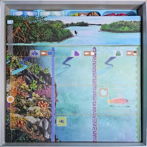 May include: A game board with a blue and green ocean scene. The board is divided into sections with different images of sea life, including a fish, a coral reef, and a sea turtle. The board also has a section with the text "Catalina Eight".