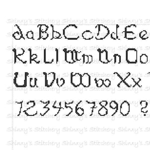 May include: Black and white alphabet and number font with a medieval style. The font includes uppercase letters, lowercase letters, numbers 0-9, and punctuation marks.