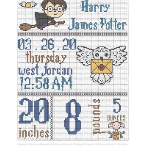 May include: A cross-stitch pattern for a Harry Potter baby announcement. The pattern includes a cartoon of Harry Potter on a broomstick, a baby owl with a letter, and a baby's stats: 20 inches, 8 pounds, and 5 ounces. The text reads "Harry James Potter", "03.26.20", "Thursday", "West Jordan", "12:58 AM".