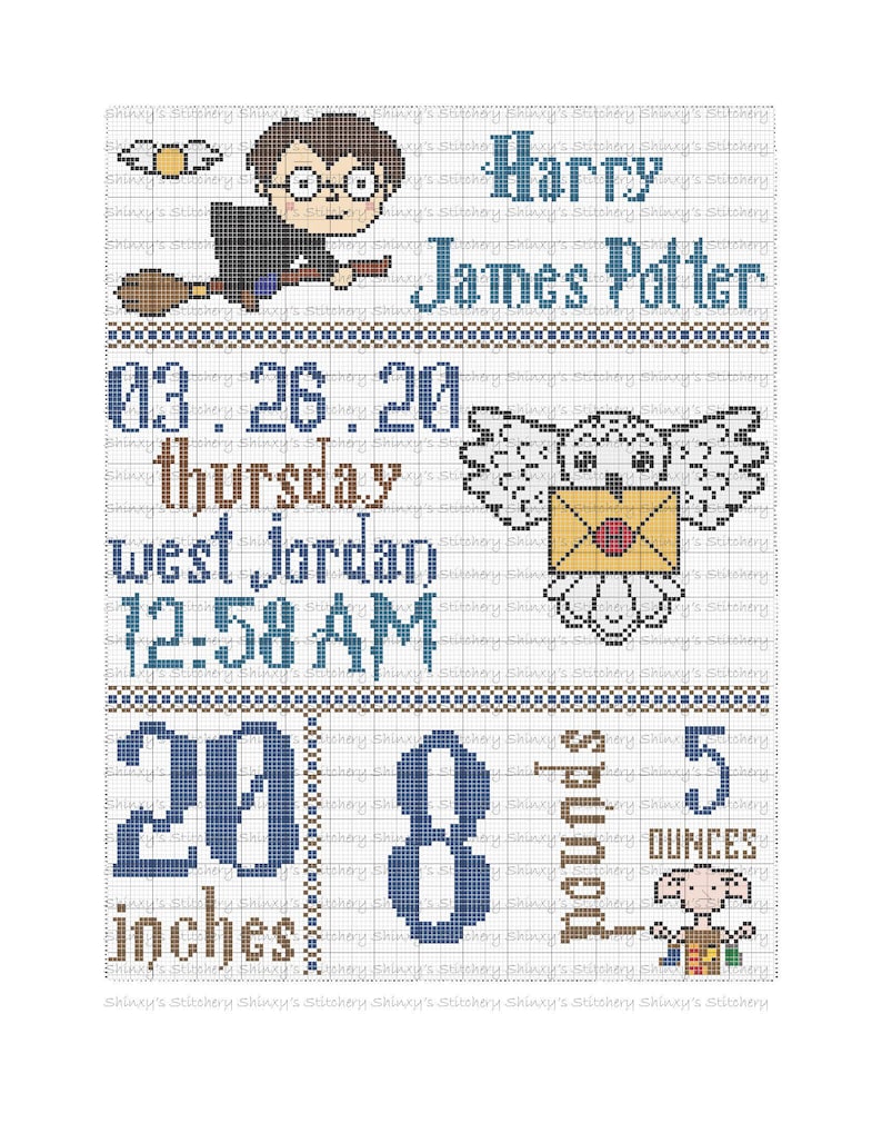 May include: A cross-stitch pattern for a Harry Potter baby announcement. The pattern includes a cartoon of Harry Potter on a broomstick, a baby owl with a letter, and a baby's stats: 20 inches, 8 pounds, and 5 ounces. The text reads "Harry James Potter", "03.26.20", "Thursday", "West Jordan", "12:58 AM".