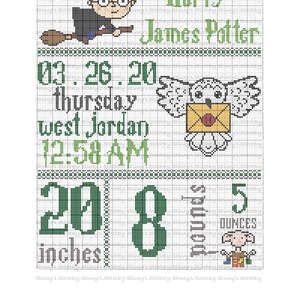 May include: A green and white cross-stitch pattern featuring Harry Potter characters. The pattern includes a cartoon of Harry Potter flying on a broomstick, a snowy owl carrying a letter, and a house elf holding a bag of 5 ounces. The pattern also includes the text "Harry James Potter", "03.26.20 Thursday", "West Jordan 12:58 AM", "20 inches", and "8 pounds".