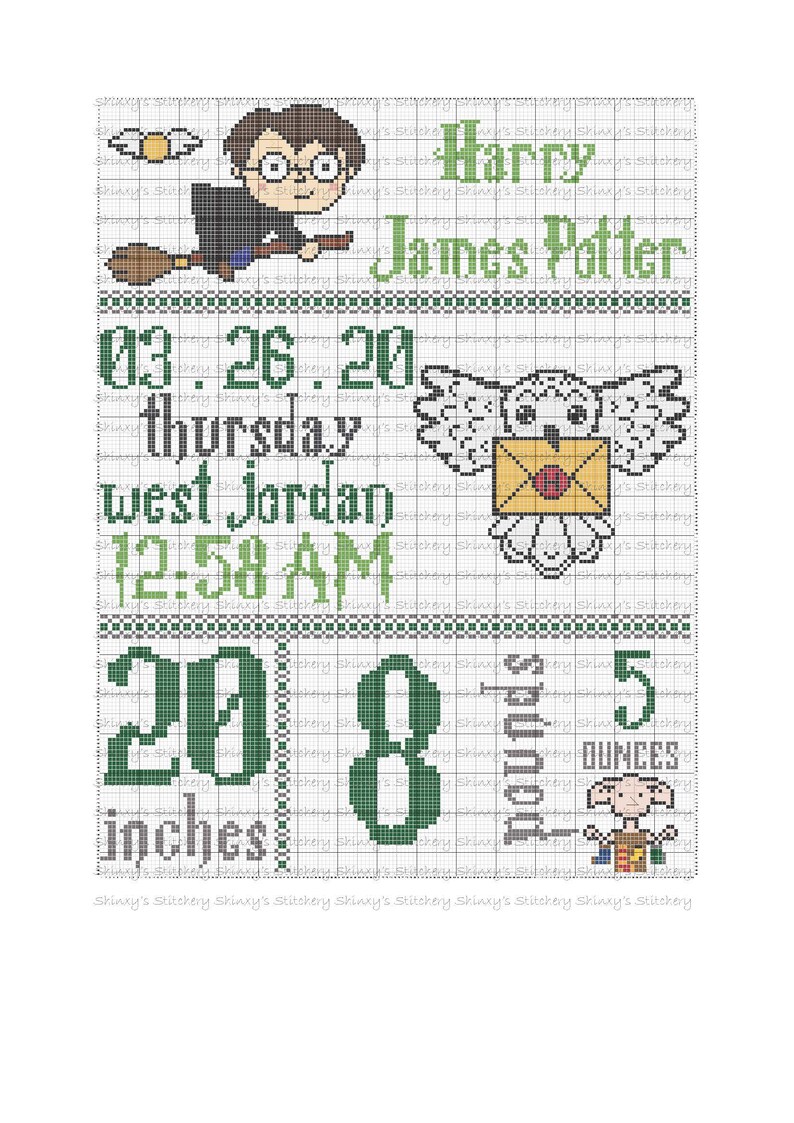 May include: A green and white cross-stitch pattern featuring Harry Potter characters. The pattern includes a cartoon of Harry Potter flying on a broomstick, a snowy owl carrying a letter, and a house elf holding a bag of 5 ounces. The pattern also includes the text "Harry James Potter", "03.26.20 Thursday", "West Jordan 12:58 AM", "20 inches", and "8 pounds".