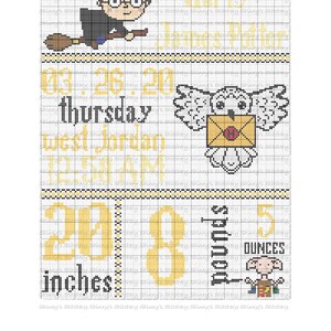 May include: A cross-stitch pattern featuring Harry Potter characters. The pattern includes a depiction of Harry Potter flying on a broomstick, Hedwig the owl carrying a letter, and Dobby the house-elf. The pattern also includes the date 03.26.20, the day of the week Thursday, and the location West Jordan, Utah. The pattern also includes the measurements 20 inches and 8 pounds 5 ounces.