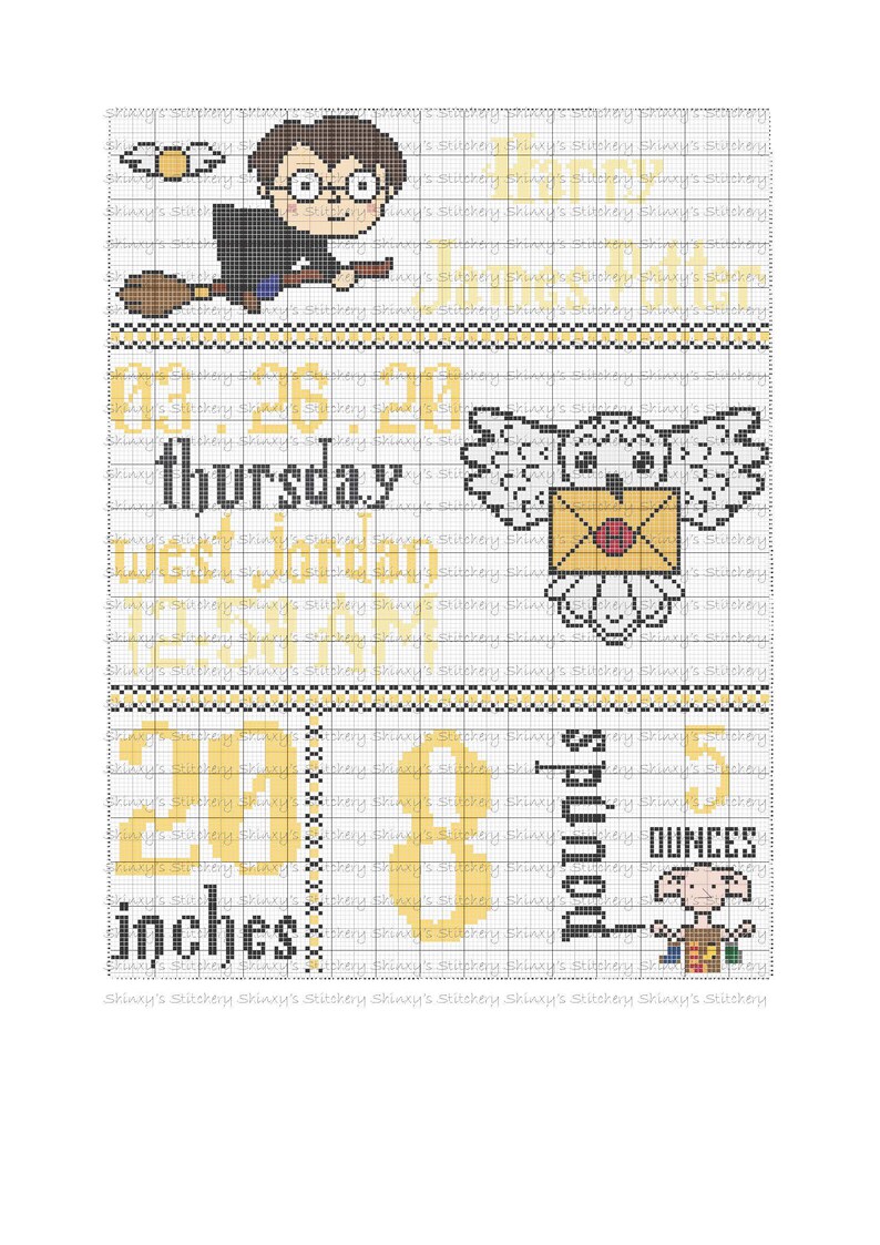 May include: A cross-stitch pattern featuring Harry Potter characters. The pattern includes a depiction of Harry Potter flying on a broomstick, Hedwig the owl carrying a letter, and Dobby the house-elf. The pattern also includes the date 03.26.20, the day of the week Thursday, and the location West Jordan, Utah. The pattern also includes the measurements 20 inches and 8 pounds 5 ounces.