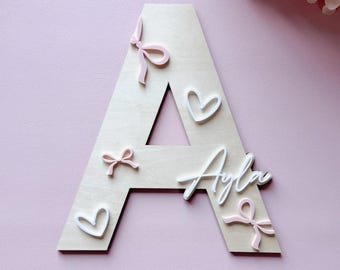 Personalised Wooden Name Sign: Bow Theme, Nursery Decor, custom name plaque