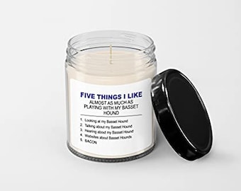 Five Things I Like Basset Hound Candle - Soy Wax Candle - Hand Poured Candle - 9 oz Vanilla-Scented Candle Jar