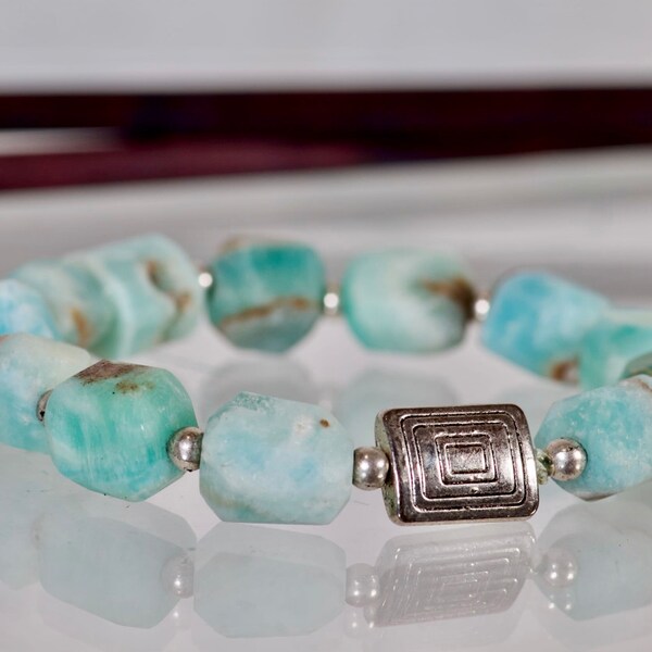 Handmade Caribbean Calcite Bracelet - Unique Aragonite Blue Stone Jewelry, Silver Beaded Boho Style Unisex Gift