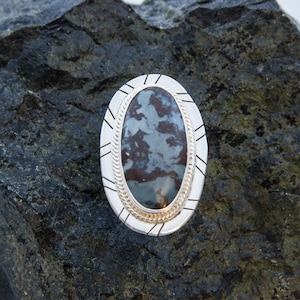 May include: A silver ring with an oval-shaped stone set in a silver bezel. The stone is a dark gray with white and brown markings. The ring is decorated with a silver rope design around the edge of the bezel.