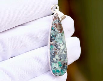 Native Copper Chrysocolla Chalcedony Pendant – Handmade New-Silver Necklace, Gemstone Jewelry
