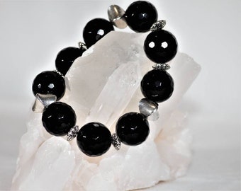 Handmade Faceted Onyx Bracelet: New-Silver Beaded Stretch Jewelry
