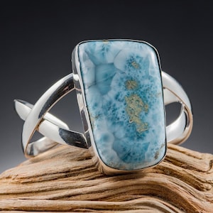 Adjustable Larimar Bracelet in New-Silver – Rare Blue Gemstone from the Dominican Republic - Natural Statement Jewelry Gift for Her