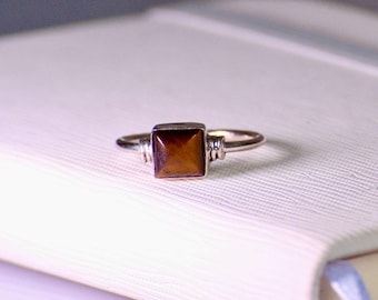 Square Tiger's Eye Sterling Silver Ring - Handmade Crystal Jewelry, Size 6.5