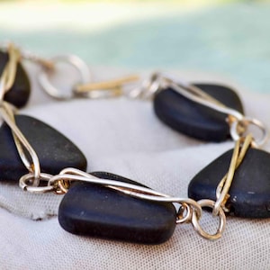 Handmade Sea Glass Bracelet – Black Beach Glass & Silver Wire, Eco-Friendly Ocean Jewelry, Adjustable Sustainable Gift for Her