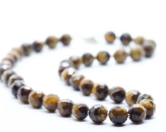 Handmade Faceted Tiger's Eye Necklace: Sterling Silver Clasp, Boho Statement Jewelry