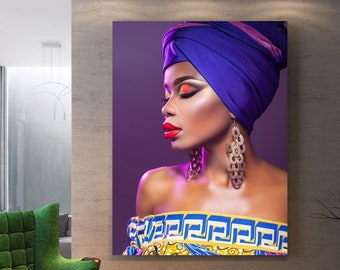 African Woman Blue and Purple Painting/ African Woman Canvas Print Art / African American Art Wall Decor  / Decor  African Woman Home Decor