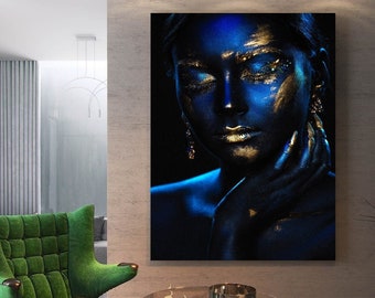 Blue Shining African Woman Wall Art /African Woman Canvas Print / African American Decor /African Wall Decor /Black Woman Make Up Home Decor