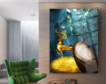 Golden Deer Glass Wall Arts/Modern Glass Prints Home Decor/Modern Glass Arts Home Decors /Modern Glass Arts Wall Decors /Famous Glass Decors