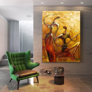 Lienzo de bailarina del vientre africana y niño músico / Impresión en lienzo de mujer africana / Decoración de pared de arte afroamericano / Pintura de mujer africana