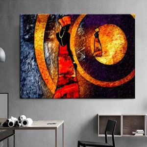 Arte de pared con silueta de mujer africana, impresión en lienzo de mujer africana, decoración afroamericana, decoración de maquillaje de mujer africana, pintura de mujer africana